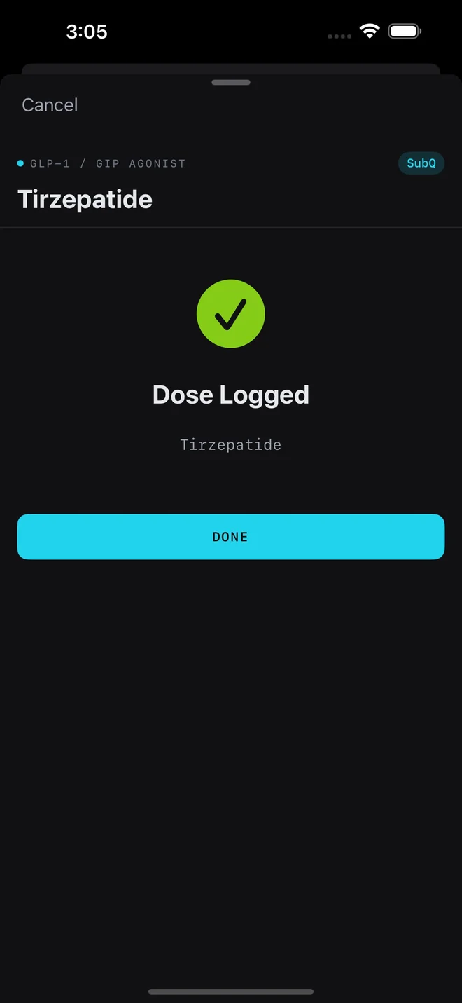 PeptideMaxxers iOS app — Tirzepatide dose logged confirmation