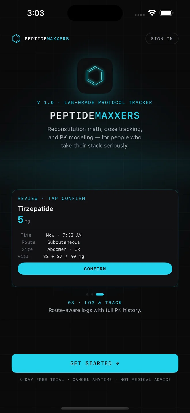 PeptideMaxxers iOS app — onboarding screen with reconstitution math preview